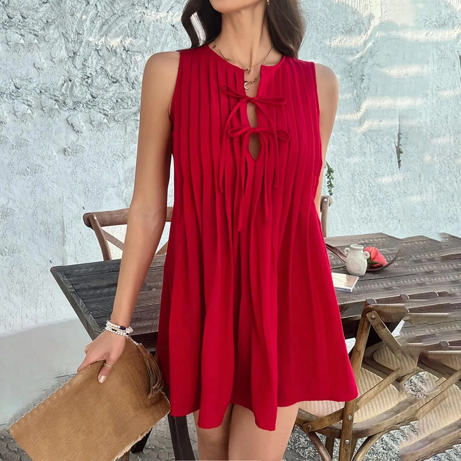 Womens Summer Mini Dress 2025 Sleeveless Crew Neck Cute Bow Tie Front Loose Pleated Casual Short Dresses Sun Dresses