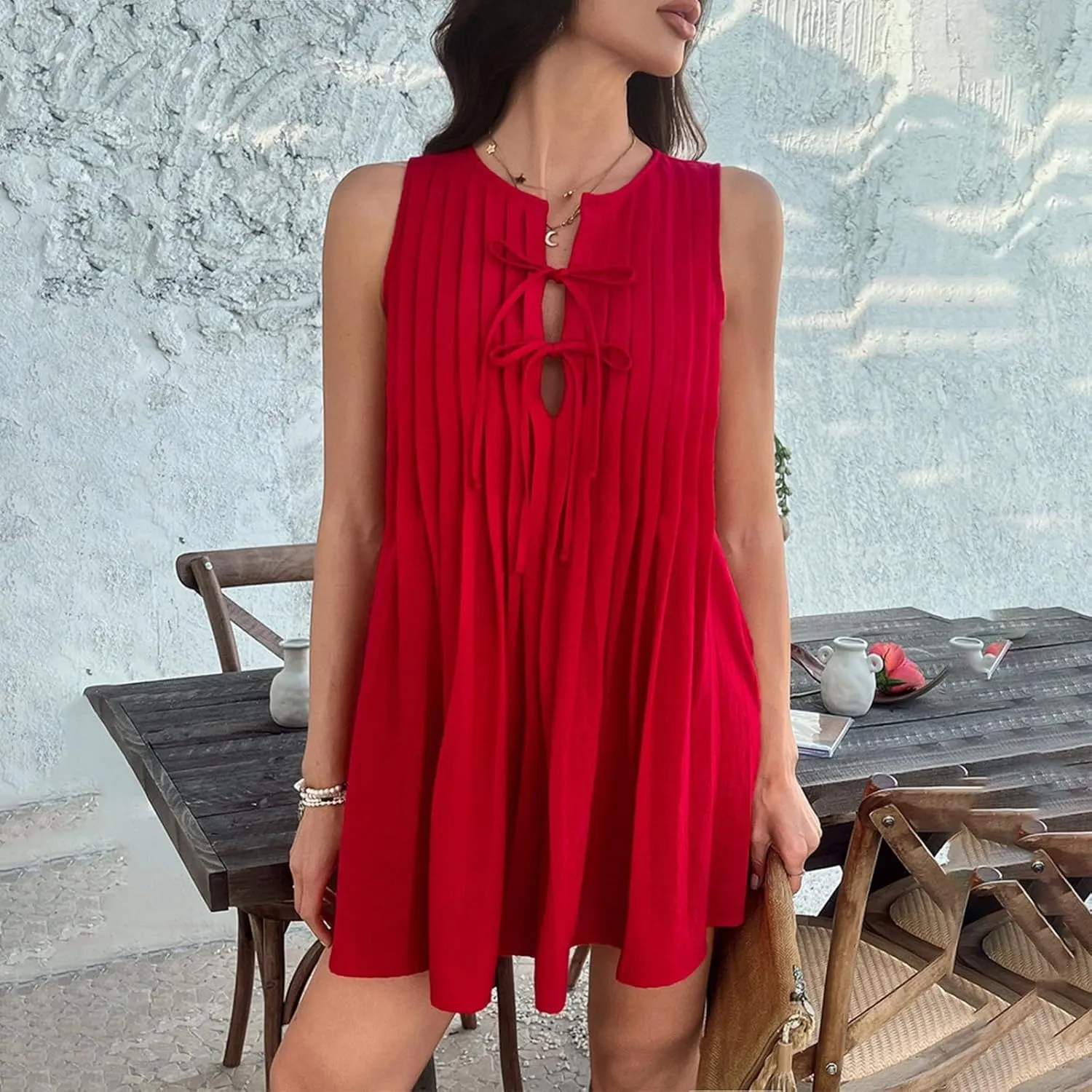 Womens Summer Mini Dress 2025 Sleeveless Crew Neck Cute Bow Tie Front Loose Pleated Casual Short Dresses Sun Dresses