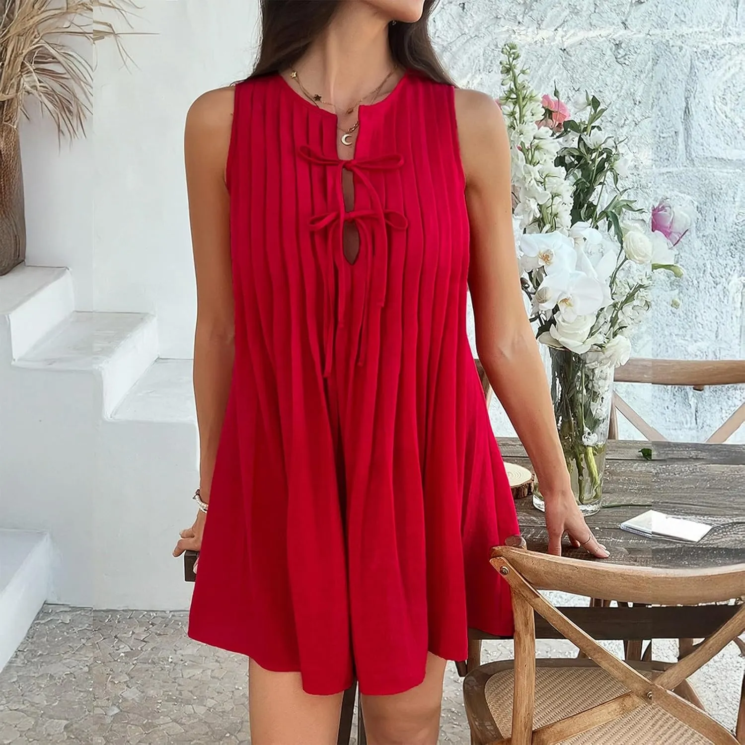 Womens Summer Mini Dress 2025 Sleeveless Crew Neck Cute Bow Tie Front Loose Pleated Casual Short Dresses Sun Dresses