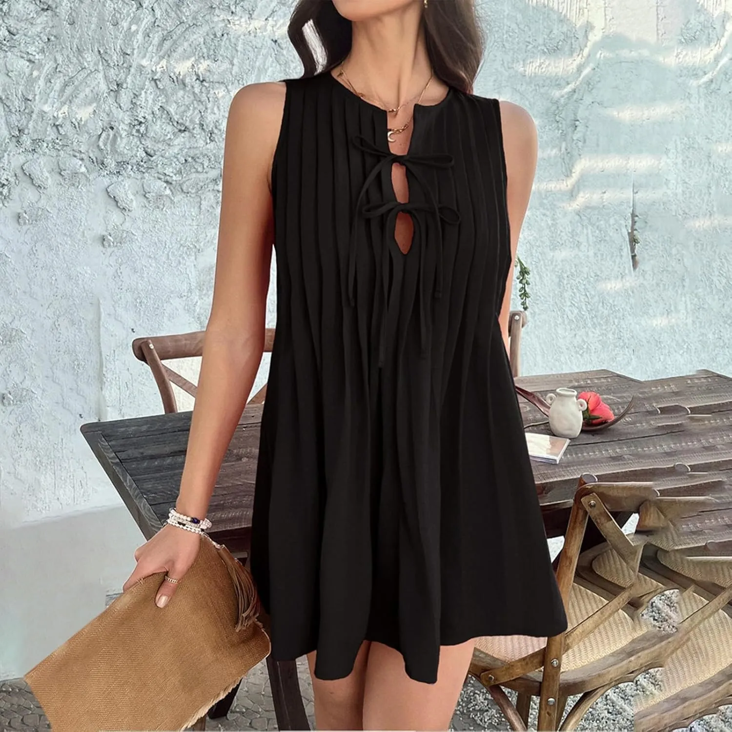 Womens Summer Mini Dress 2025 Sleeveless Crew Neck Cute Bow Tie Front Loose Pleated Casual Short Dresses Sun Dresses