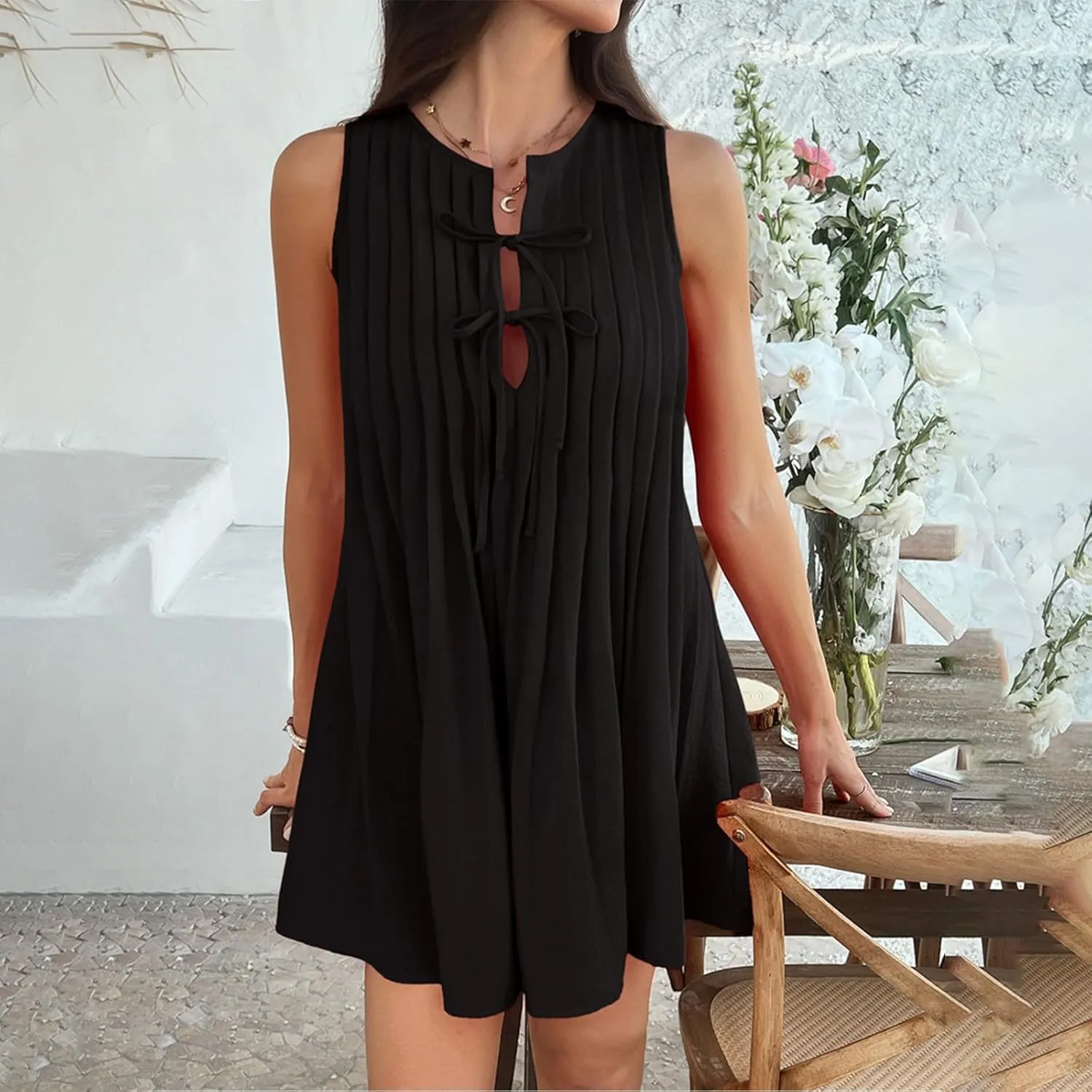 Womens Summer Mini Dress 2025 Sleeveless Crew Neck Cute Bow Tie Front Loose Pleated Casual Short Dresses Sun Dresses