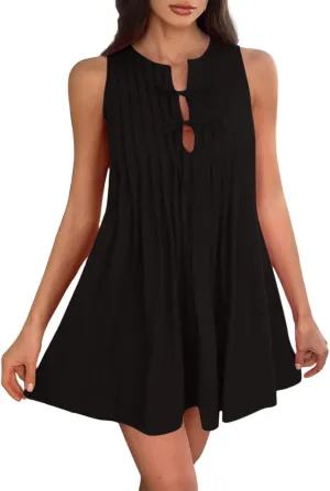 Womens Summer Mini Dress 2025 Sleeveless Crew Neck Cute Bow Tie Front Loose Pleated Casual Short Dresses Sun Dresses