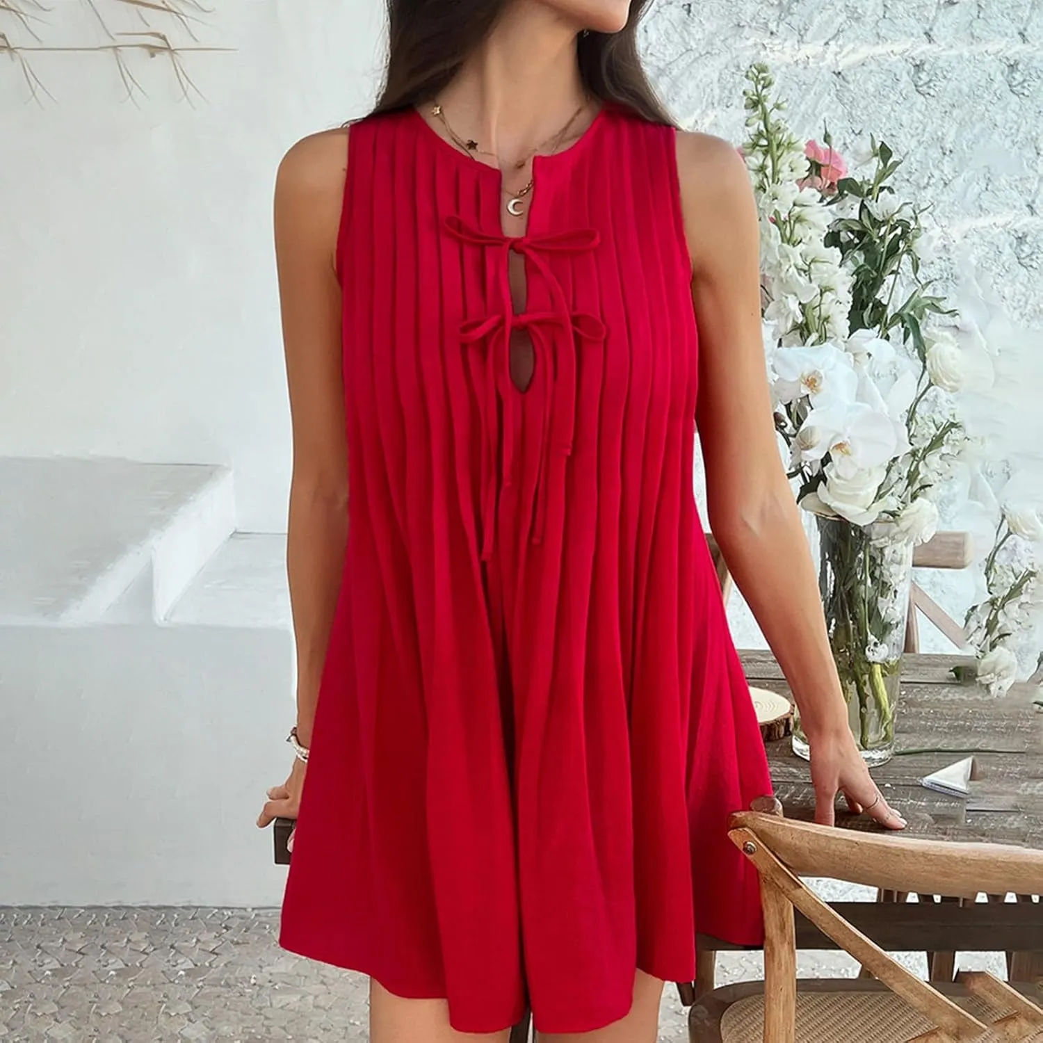 Womens Summer Mini Dress 2025 Sleeveless Crew Neck Cute Bow Tie Front Loose Pleated Casual Short Dresses Sun Dresses