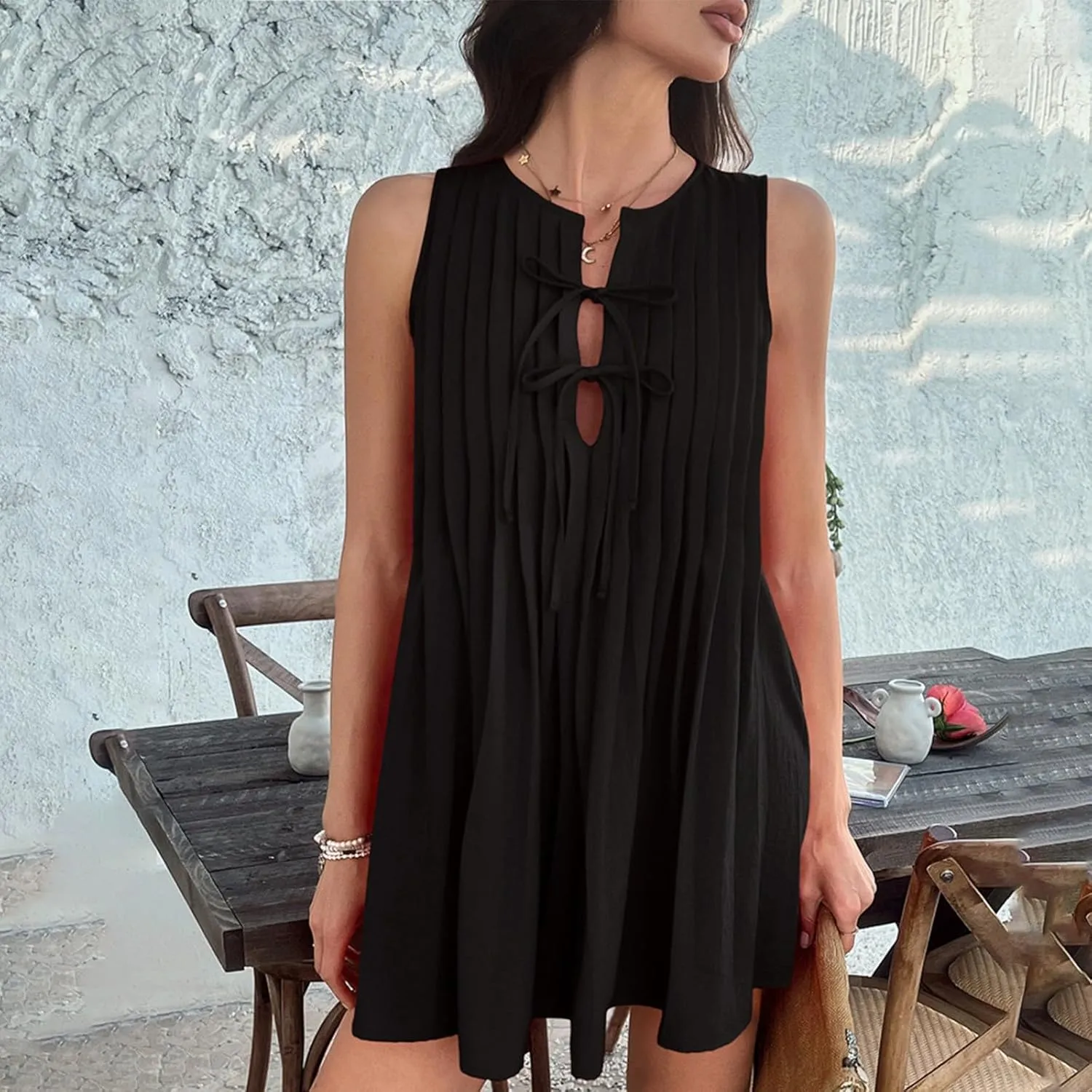 Womens Summer Mini Dress 2025 Sleeveless Crew Neck Cute Bow Tie Front Loose Pleated Casual Short Dresses Sun Dresses