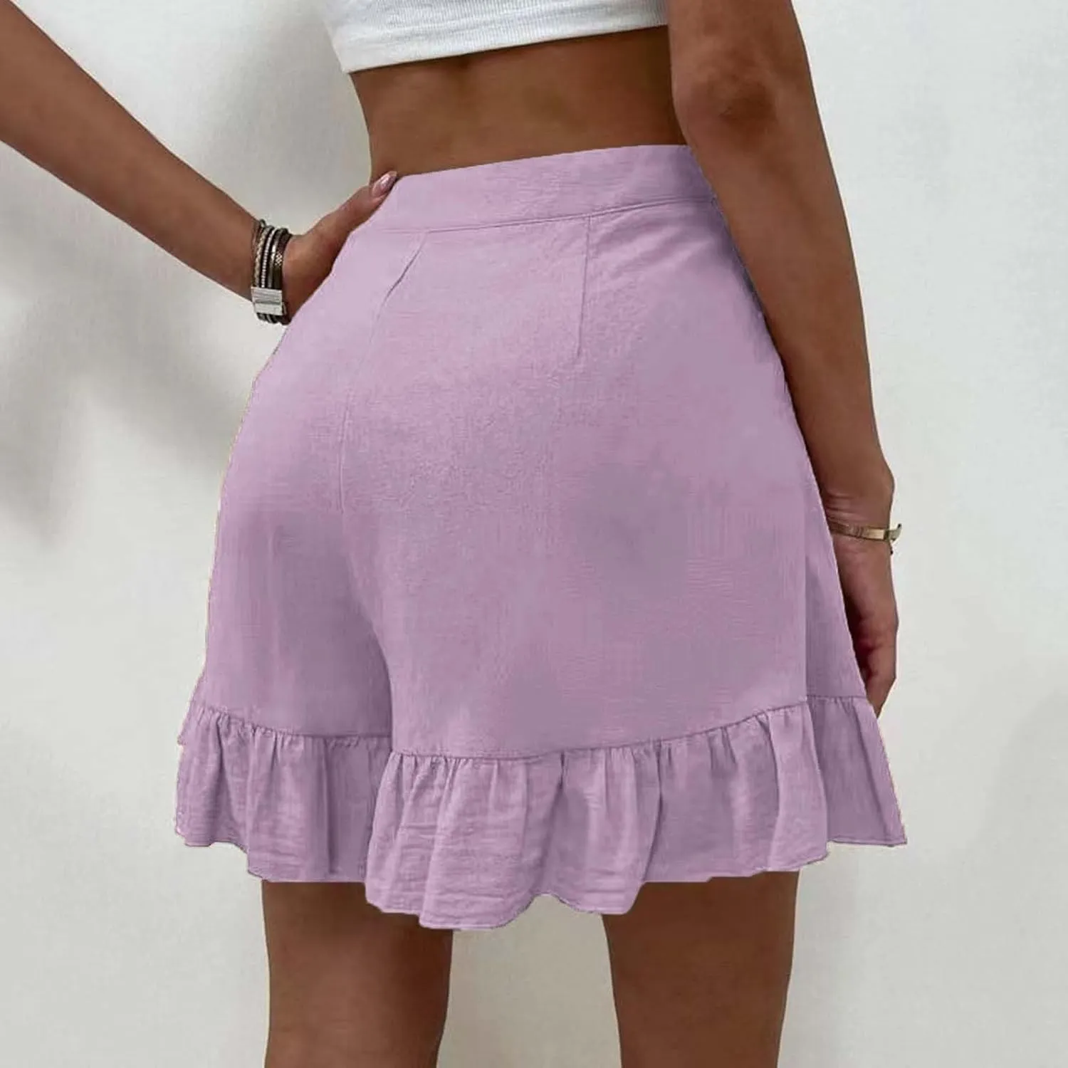 Womens Summer Shorts 2025 Vacation Floral Casual Elastic High Waist Ruffle Beach Belted Short Lounge Pants Pockets