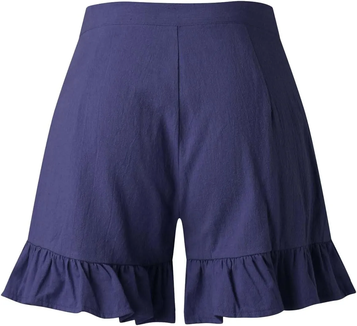 Womens Summer Shorts 2025 Vacation Floral Casual Elastic High Waist Ruffle Beach Belted Short Lounge Pants Pockets
