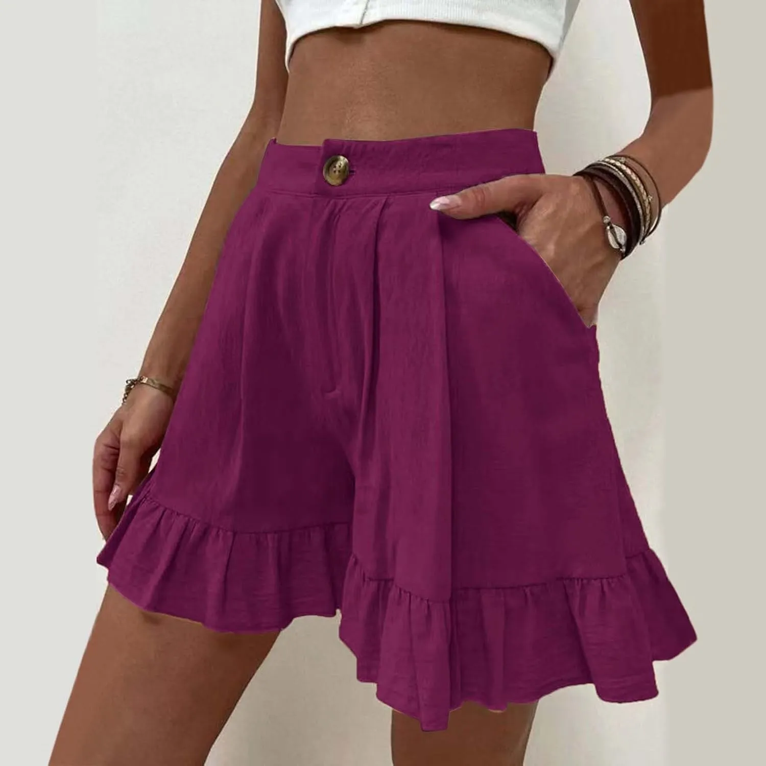 Womens Summer Shorts 2025 Vacation Floral Casual Elastic High Waist Ruffle Beach Belted Short Lounge Pants Pockets