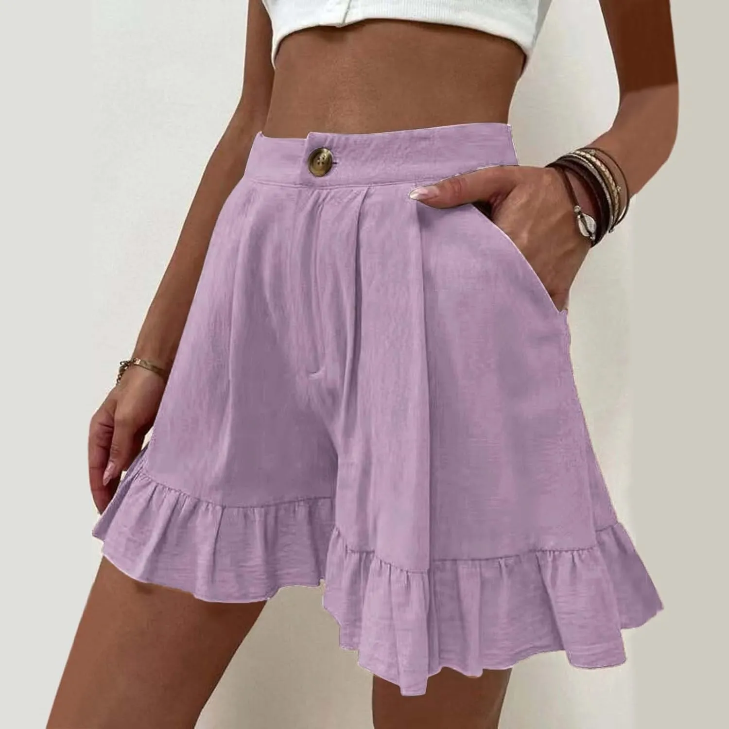 Womens Summer Shorts 2025 Vacation Floral Casual Elastic High Waist Ruffle Beach Belted Short Lounge Pants Pockets