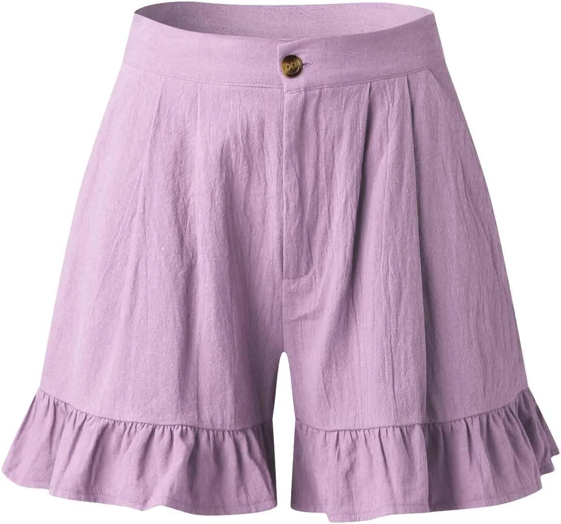 Womens Summer Shorts 2025 Vacation Floral Casual Elastic High Waist Ruffle Beach Belted Short Lounge Pants Pockets