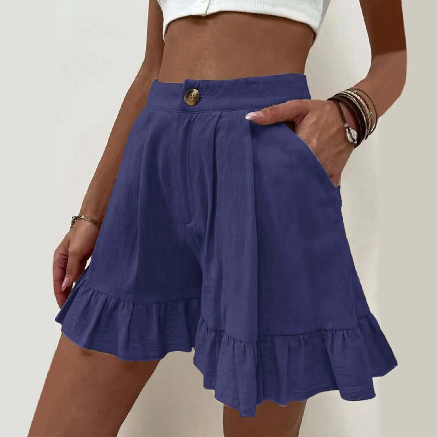 Womens Summer Shorts 2025 Vacation Floral Casual Elastic High Waist Ruffle Beach Belted Short Lounge Pants Pockets