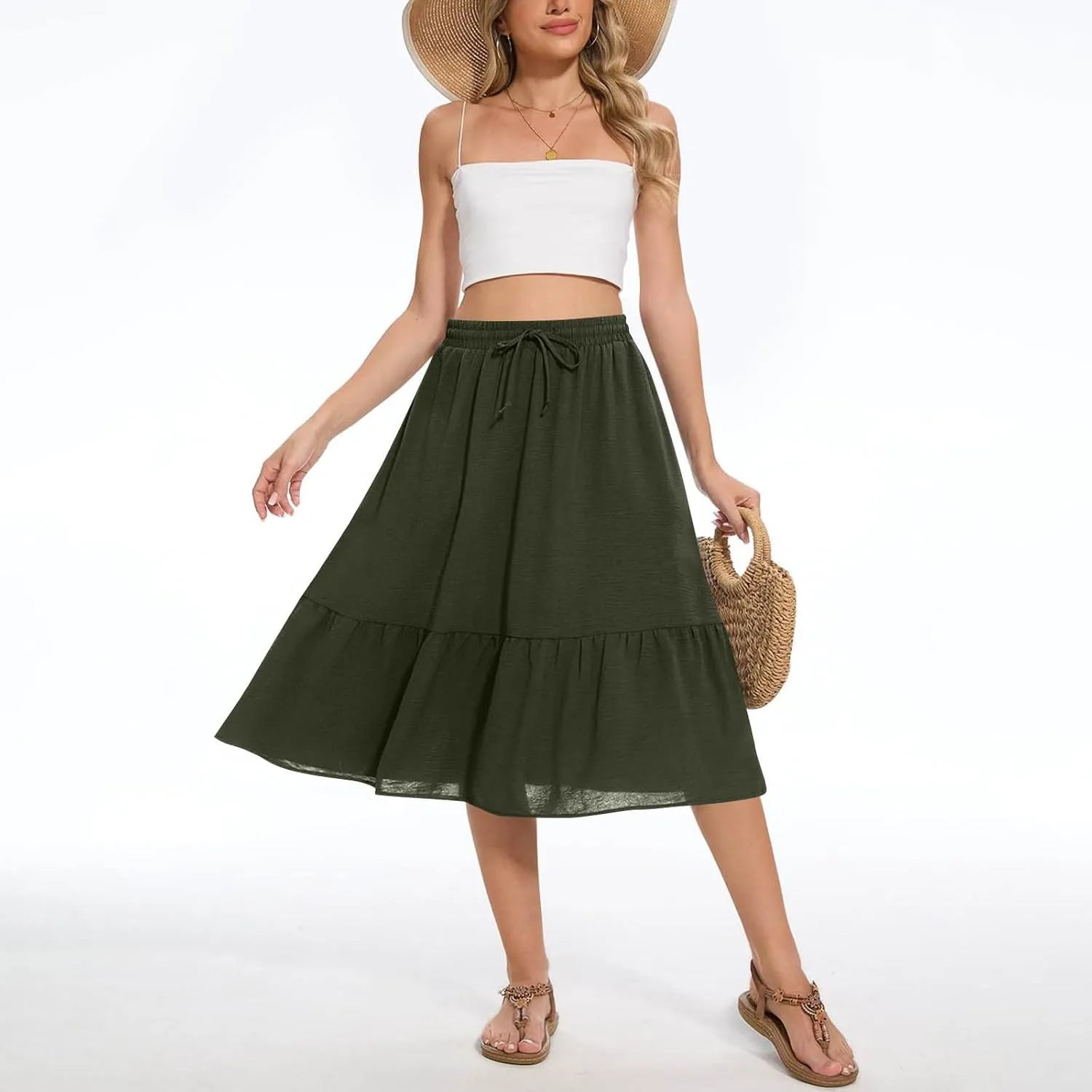 Women's Summer Skirt Fashion Tiered Flowy Skirts with Pockets Casual Solid Drawstring Waist Ruffle Hem Short Skirt
