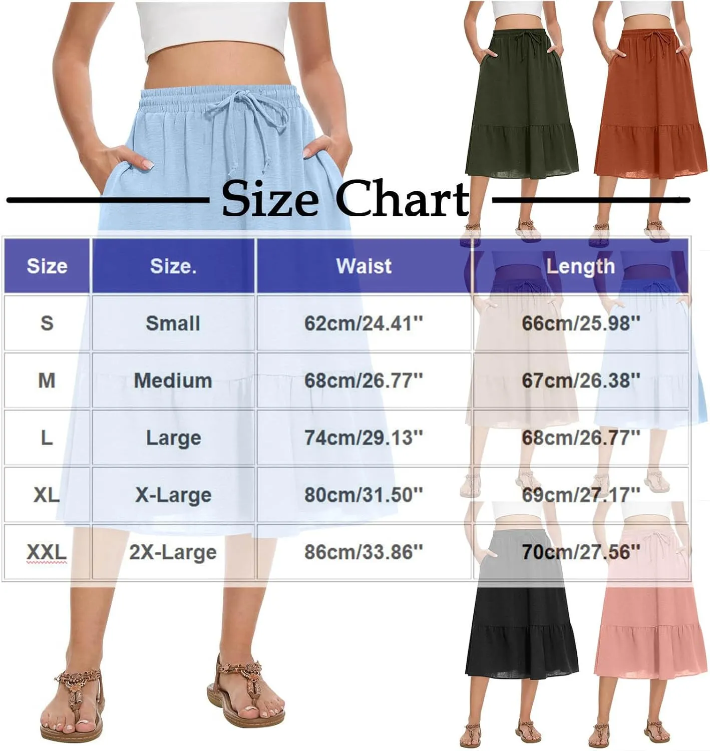 Women's Summer Skirt Fashion Tiered Flowy Skirts with Pockets Casual Solid Drawstring Waist Ruffle Hem Short Skirt