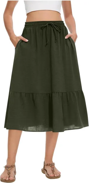 Women's Summer Skirt Fashion Tiered Flowy Skirts with Pockets Casual Solid Drawstring Waist Ruffle Hem Short Skirt