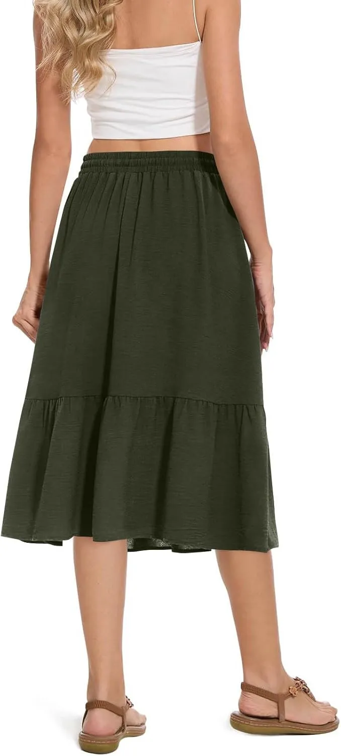 Women's Summer Skirt Fashion Tiered Flowy Skirts with Pockets Casual Solid Drawstring Waist Ruffle Hem Short Skirt