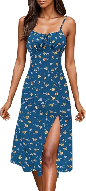 Womens Sundress Summer Tank Dress Boho Spaghetti with Polka Dot Tank Top Pleats Boho Floral Print Beach Cover Up