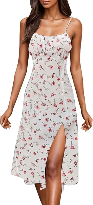 Womens Sundress Summer Tank Dress Boho Spaghetti with Polka Dot Tank Top Pleats Boho Floral Print Beach Cover Up