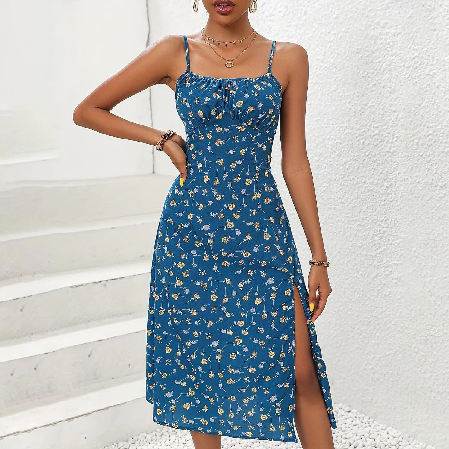 Womens Sundress Summer Tank Dress Boho Spaghetti with Polka Dot Tank Top Pleats Boho Floral Print Beach Cover Up