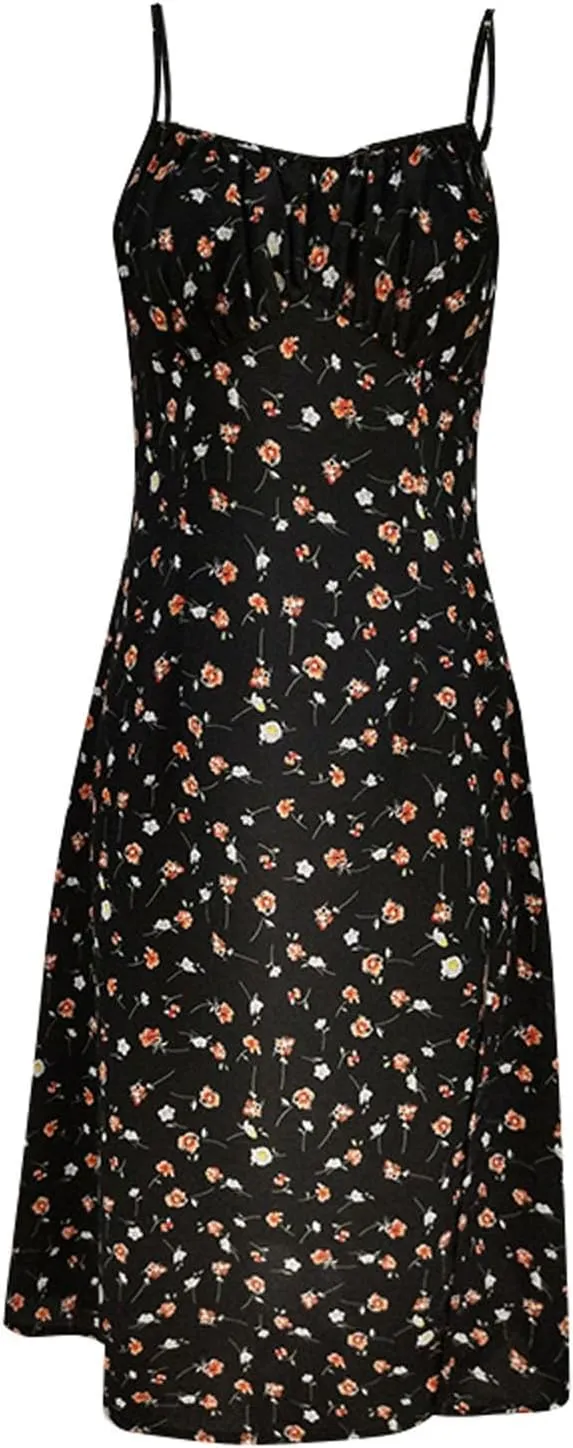 Womens Sundress Summer Tank Dress Boho Spaghetti with Polka Dot Tank Top Pleats Boho Floral Print Beach Cover Up