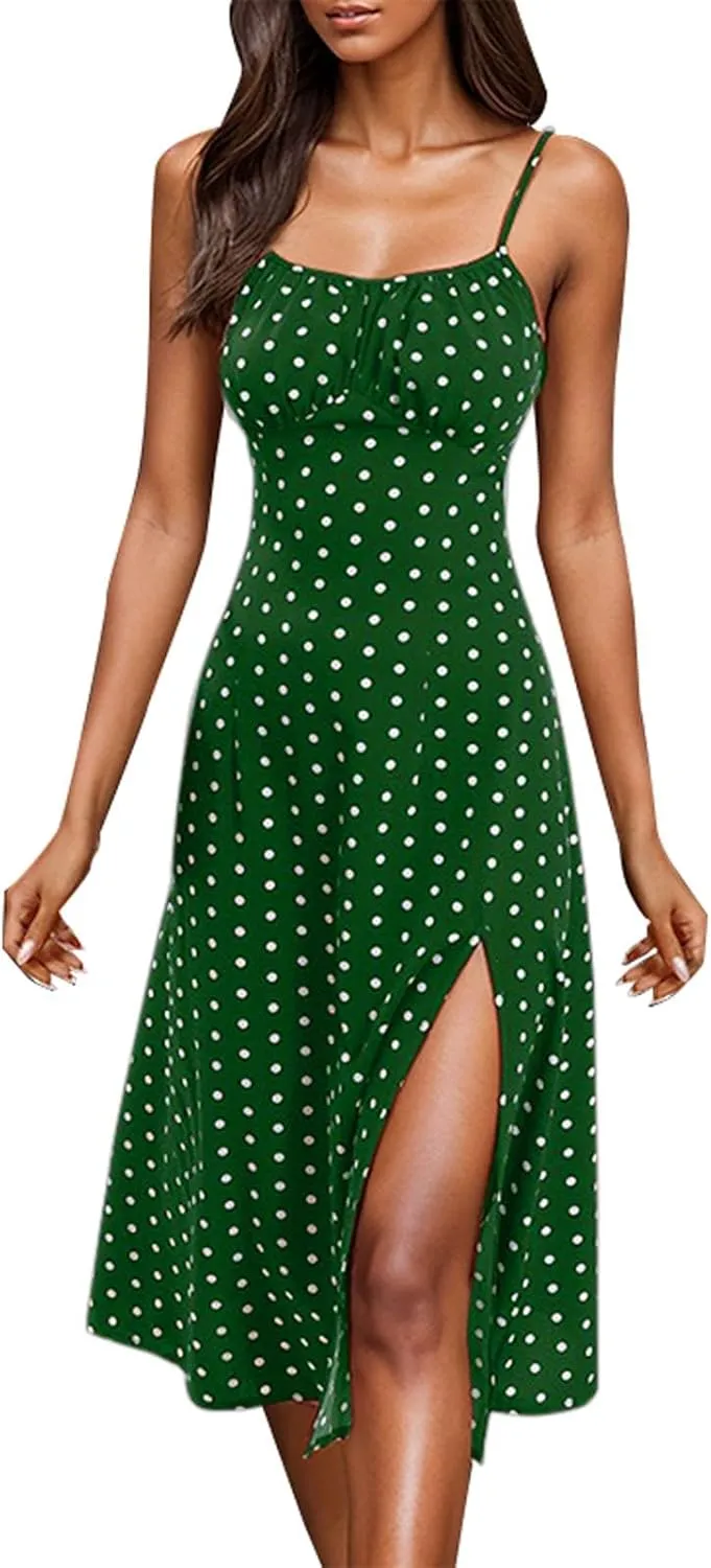 Womens Sundress Summer Tank Dress Boho Spaghetti with Polka Dot Tank Top Pleats Boho Floral Print Beach Cover Up