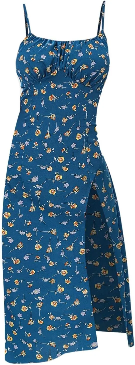 Womens Sundress Summer Tank Dress Boho Spaghetti with Polka Dot Tank Top Pleats Boho Floral Print Beach Cover Up