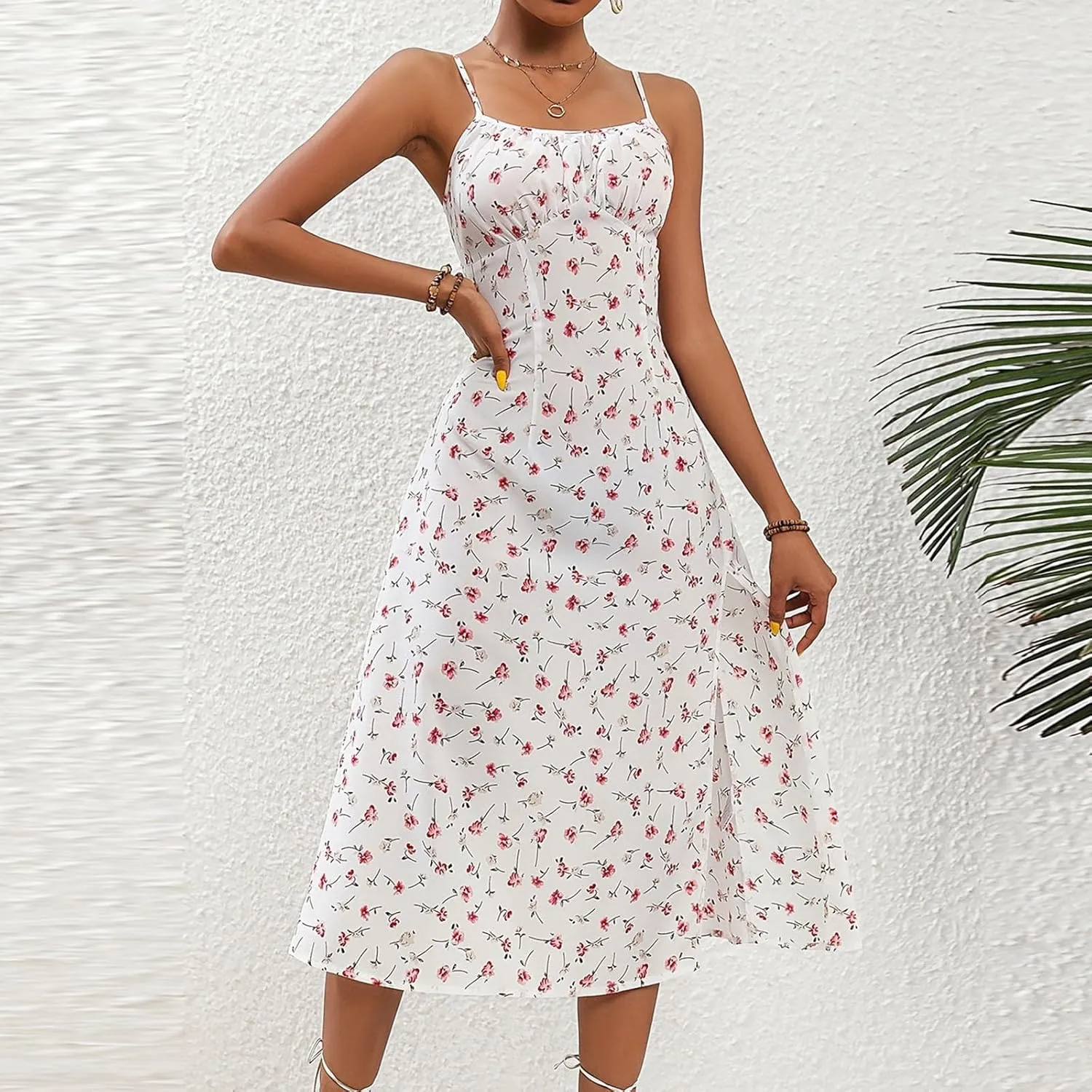 Womens Sundress Summer Tank Dress Boho Spaghetti with Polka Dot Tank Top Pleats Boho Floral Print Beach Cover Up