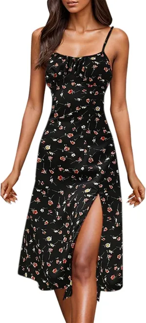 Womens Sundress Summer Tank Dress Boho Spaghetti with Polka Dot Tank Top Pleats Boho Floral Print Beach Cover Up