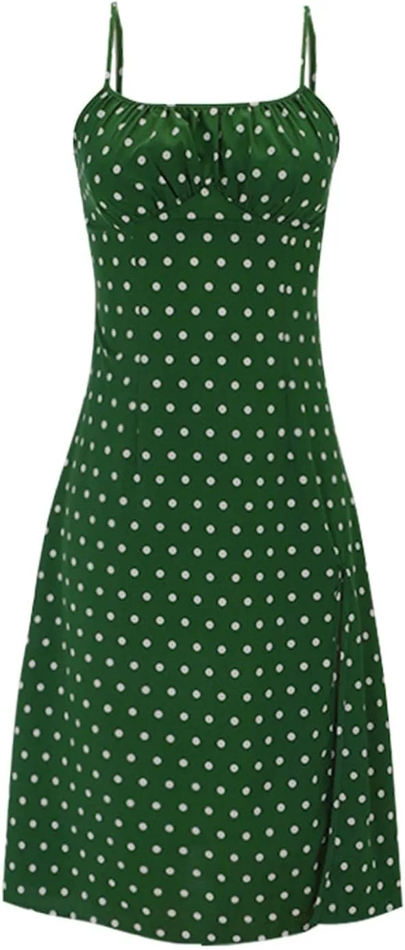 Womens Sundress Summer Tank Dress Boho Spaghetti with Polka Dot Tank Top Pleats Boho Floral Print Beach Cover Up