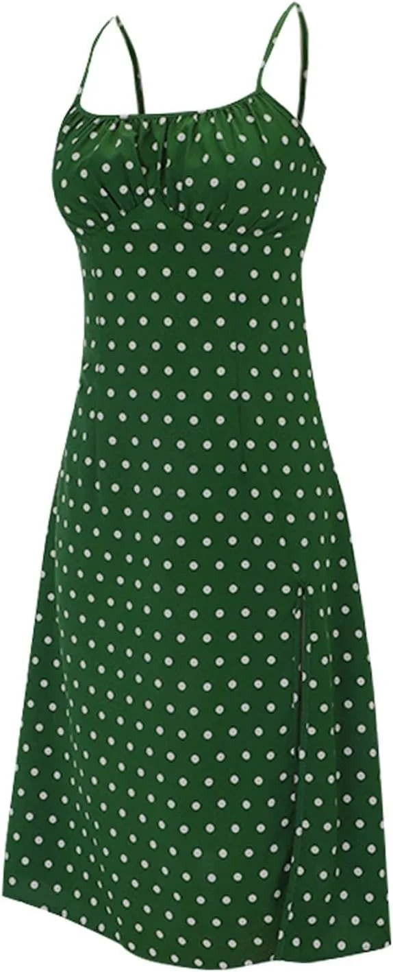 Womens Sundress Summer Tank Dress Boho Spaghetti with Polka Dot Tank Top Pleats Boho Floral Print Beach Cover Up