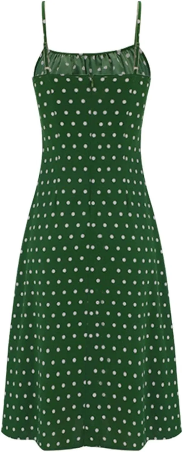 Womens Sundress Summer Tank Dress Boho Spaghetti with Polka Dot Tank Top Pleats Boho Floral Print Beach Cover Up