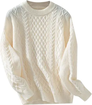 Womens Sweater Cable Knit Solid Color Round Neck Long Sleeve Casual Soft Loose Fit Sweaters Tops