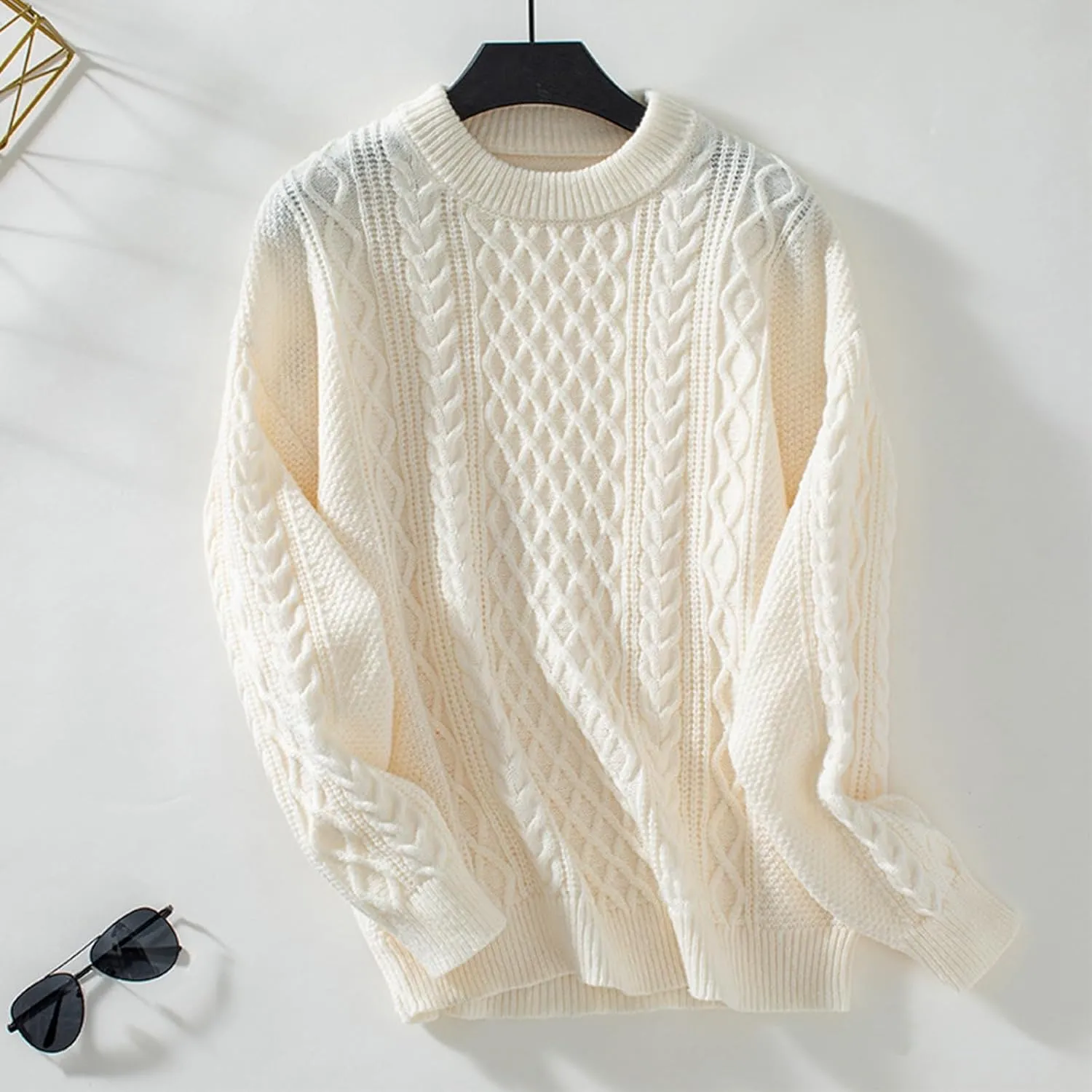 Womens Sweater Cable Knit Solid Color Round Neck Long Sleeve Casual Soft Loose Fit Sweaters Tops