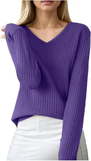 Women's Sweaters 2024 Fall Casual V Neck Solid Color Pullover Sweater Ribbed Slim Fit Basic Clothes Blouses