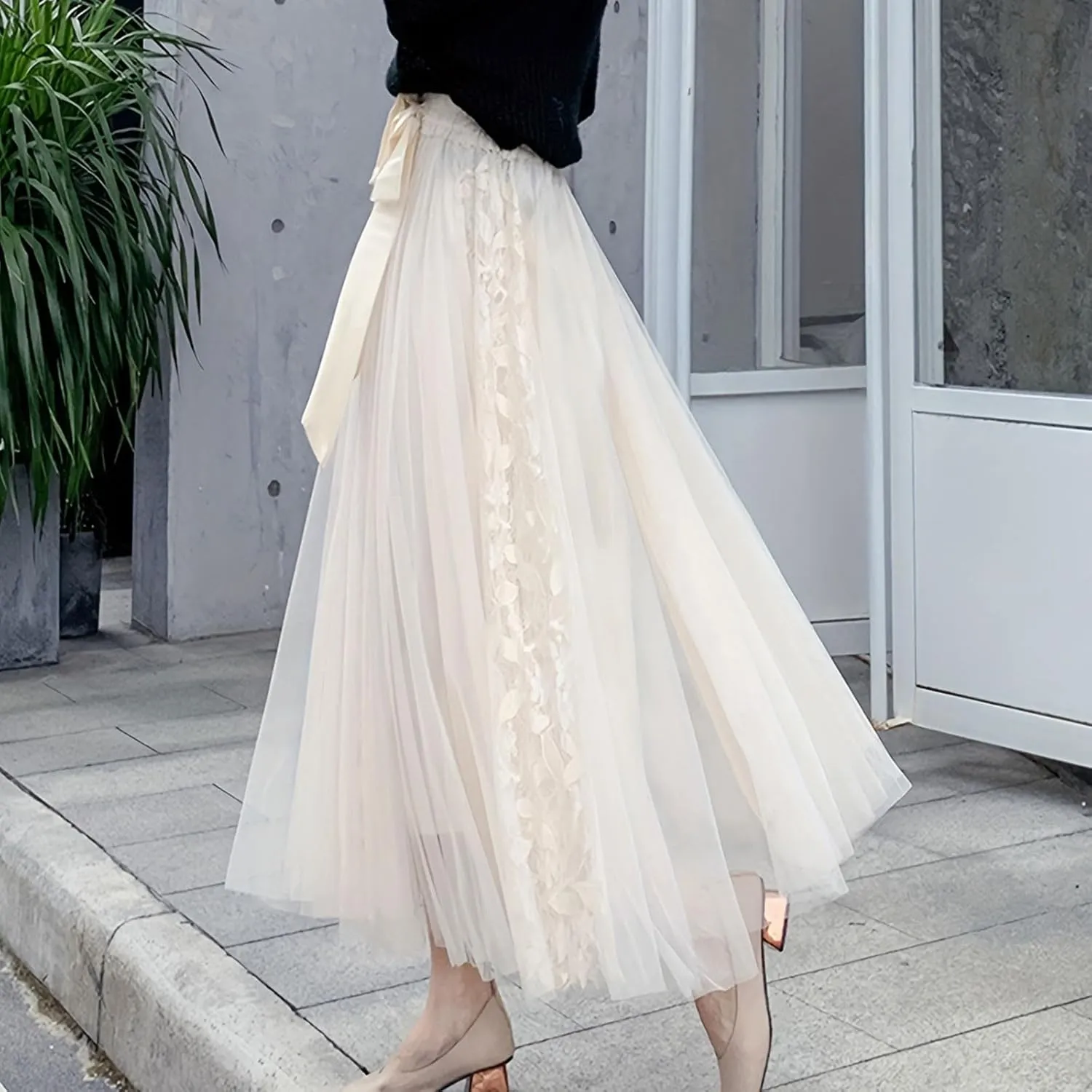 Women's Tulle Skirts Long Fairy Lace Mesh Layered Tiered Tutu Puffy Elastic High Waist Swing A-line Flowy Midi Skirt