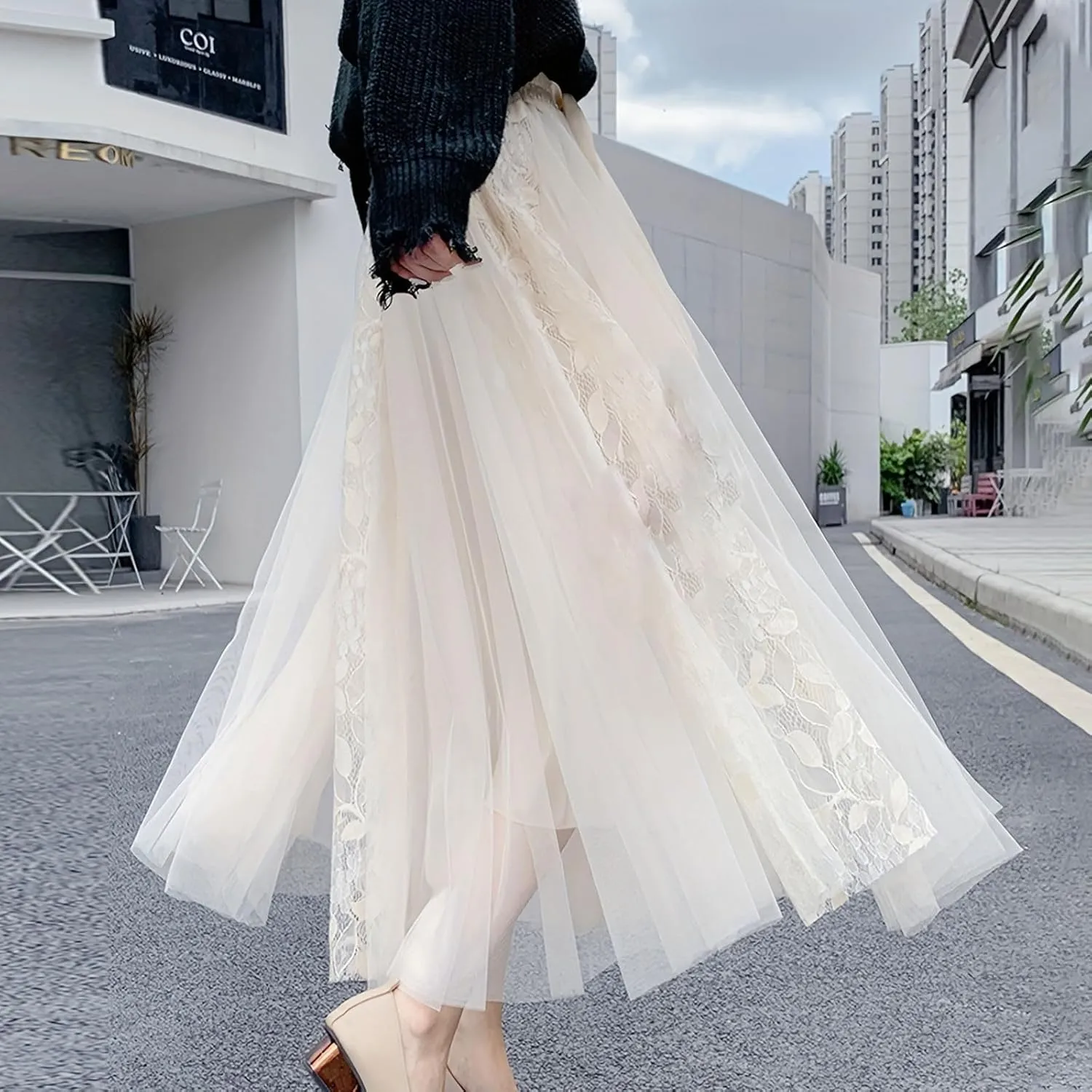 Women's Tulle Skirts Long Fairy Lace Mesh Layered Tiered Tutu Puffy Elastic High Waist Swing A-line Flowy Midi Skirt