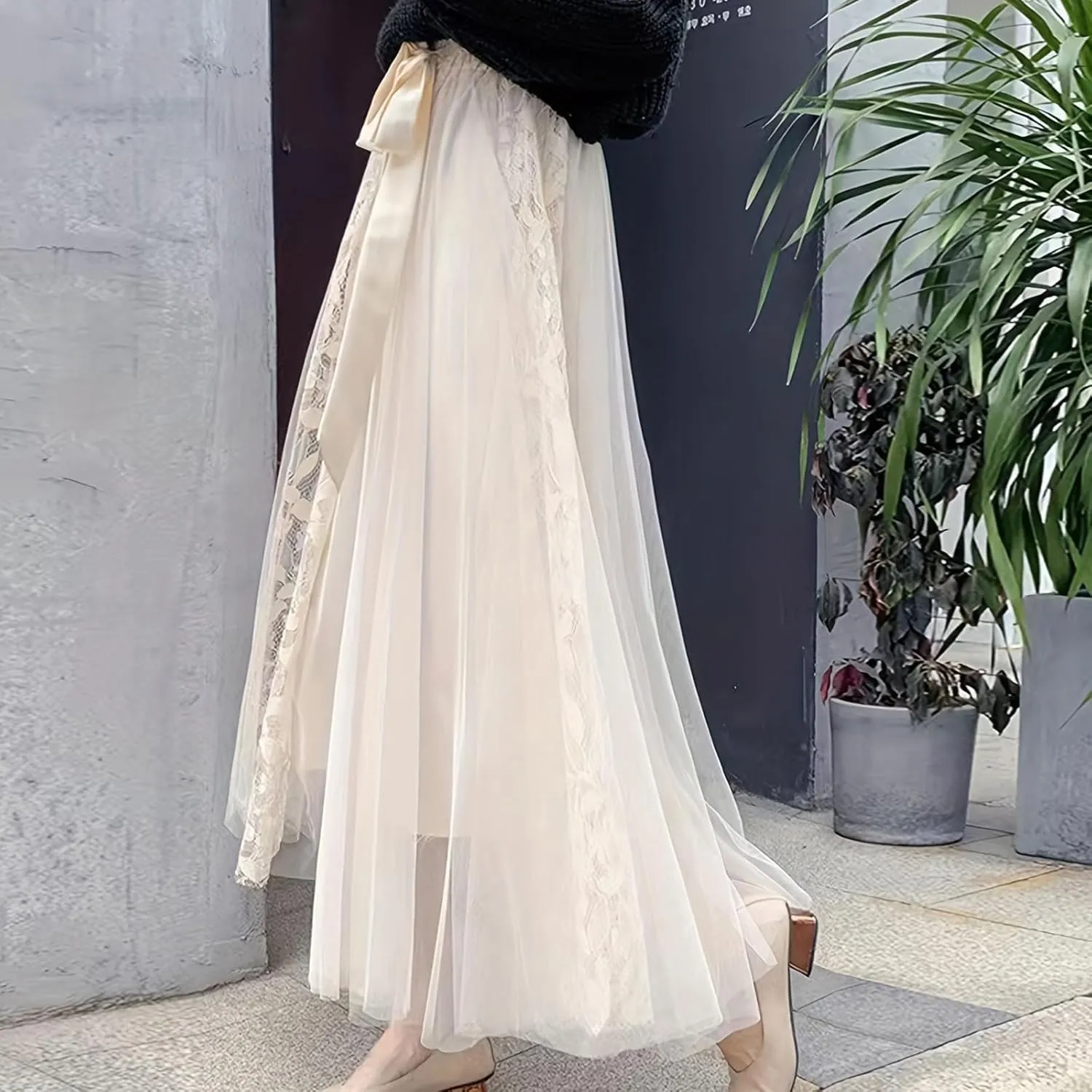 Women's Tulle Skirts Long Fairy Lace Mesh Layered Tiered Tutu Puffy Elastic High Waist Swing A-line Flowy Midi Skirt