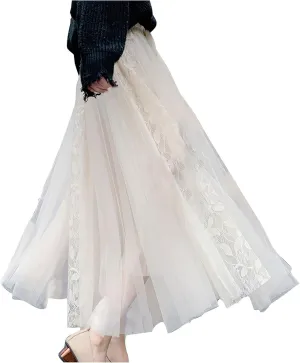 Women's Tulle Skirts Long Fairy Lace Mesh Layered Tiered Tutu Puffy Elastic High Waist Swing A-line Flowy Midi Skirt