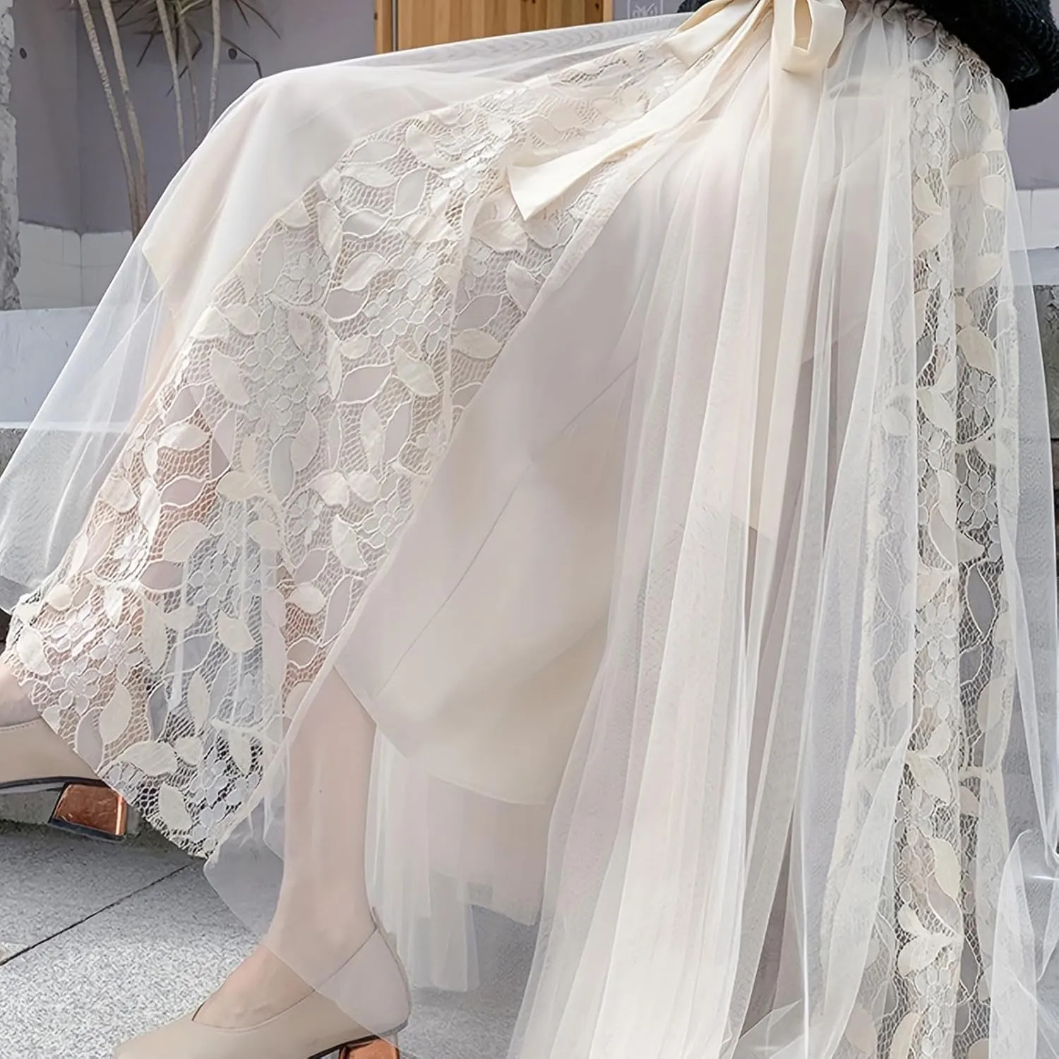 Women's Tulle Skirts Long Fairy Lace Mesh Layered Tiered Tutu Puffy Elastic High Waist Swing A-line Flowy Midi Skirt