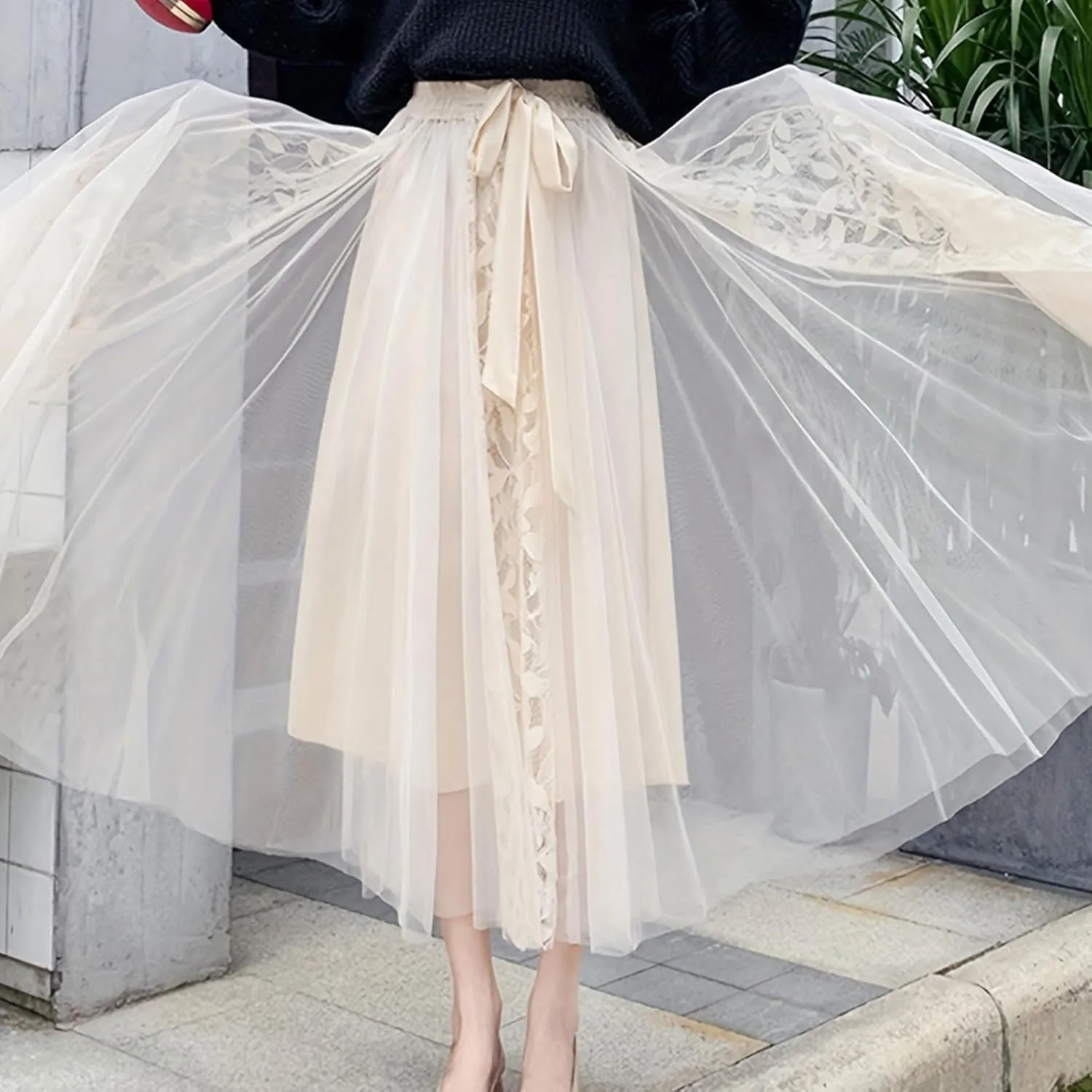 Women's Tulle Skirts Long Fairy Lace Mesh Layered Tiered Tutu Puffy Elastic High Waist Swing A-line Flowy Midi Skirt