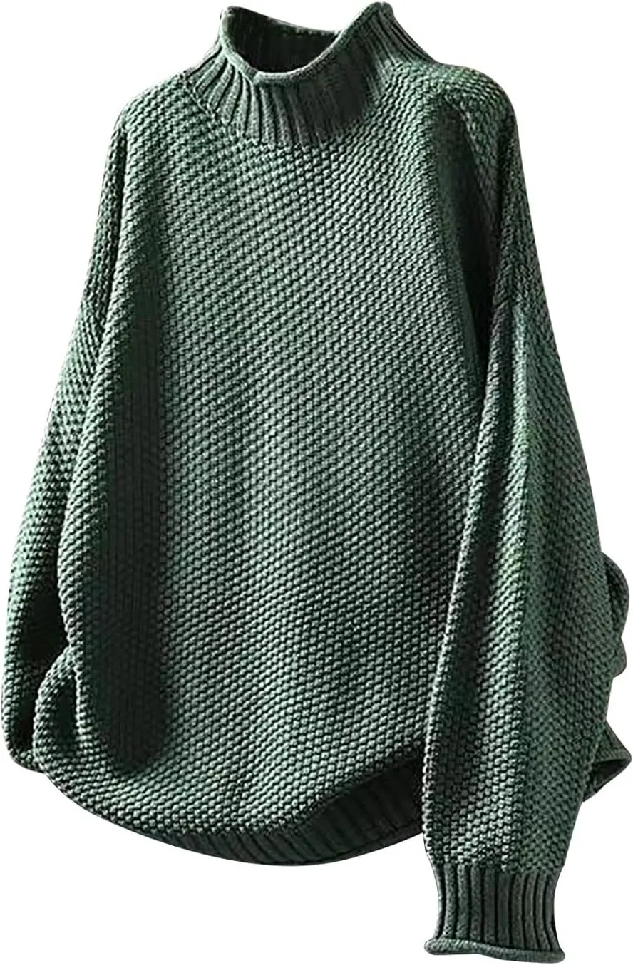 Women's Turtleneck Retro Sweater Chunky Crewneck Long Sleeve Knitted Pullover Sweaters Oversized Fall Basic Top