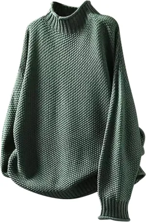 Women's Turtleneck Retro Sweater Chunky Crewneck Long Sleeve Knitted Pullover Sweaters Oversized Fall Basic Top