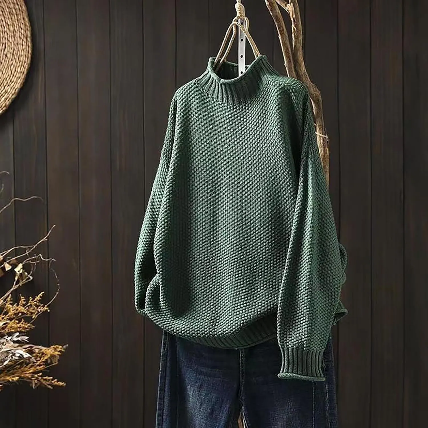 Women's Turtleneck Retro Sweater Chunky Crewneck Long Sleeve Knitted Pullover Sweaters Oversized Fall Basic Top