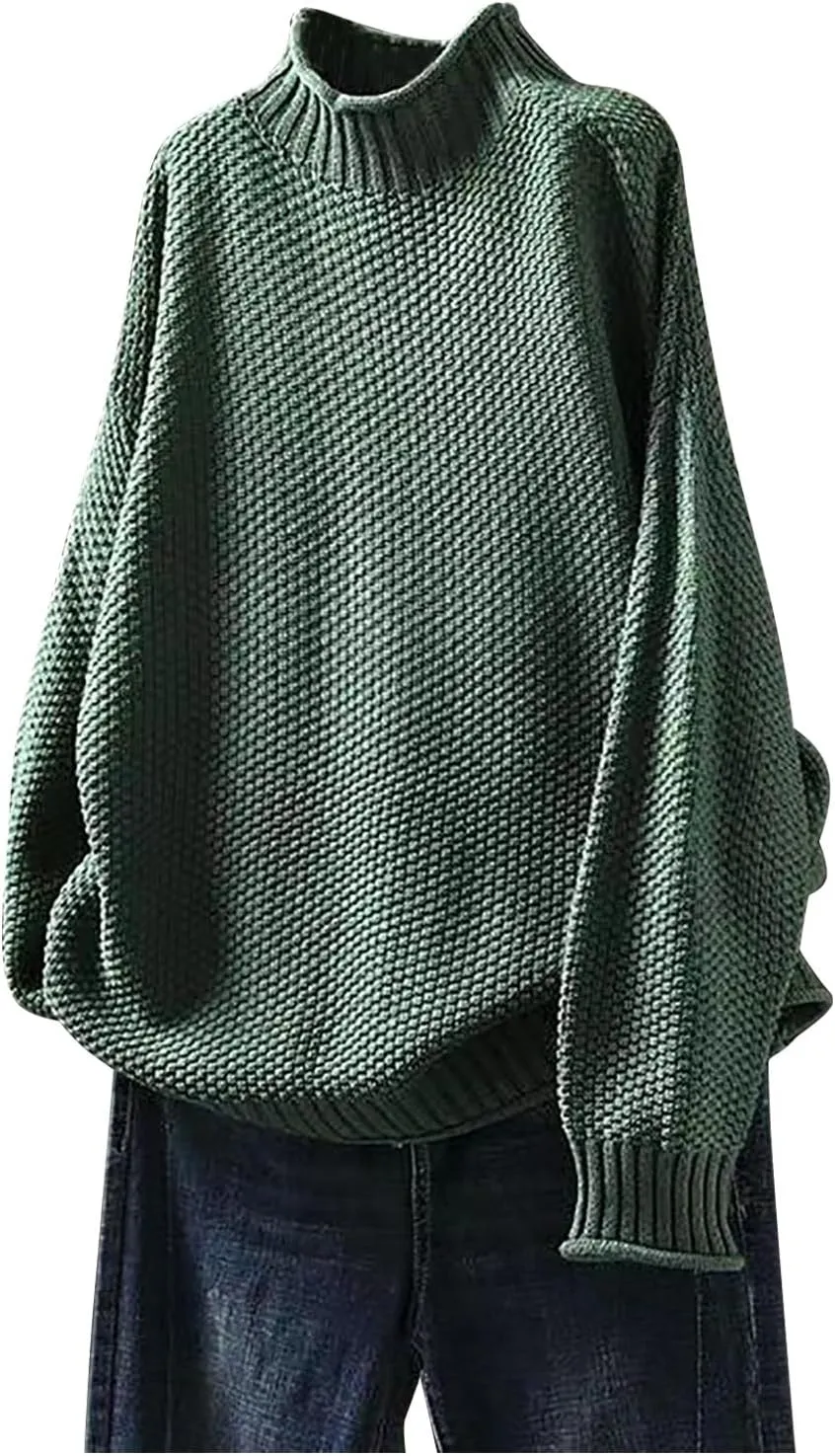 Women's Turtleneck Retro Sweater Chunky Crewneck Long Sleeve Knitted Pullover Sweaters Oversized Fall Basic Top