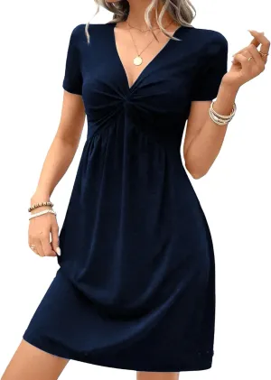 Women's Twist Front V-Neck Mini Dresses Short Sleeve Elegant Empire Waist Dress Summer Casual Tunic Dress