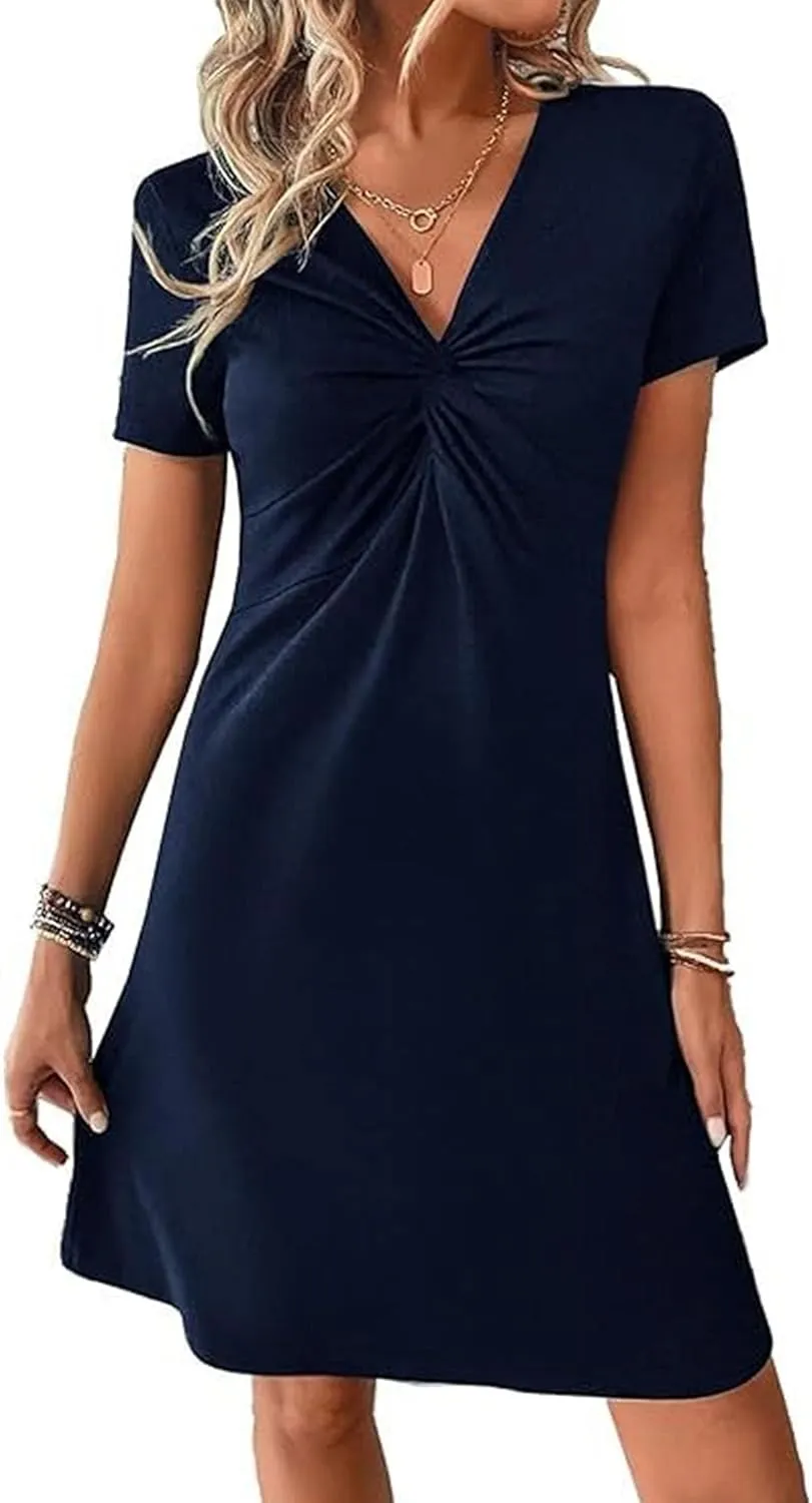 Women's Twist Front V-Neck Mini Dresses Short Sleeve Elegant Empire Waist Dress Summer Casual Tunic Dress