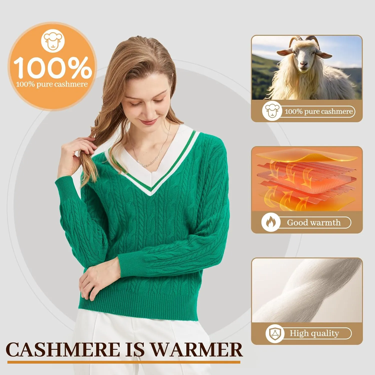 Women’s V-Neck Sweater 100% Pure Cashmere Long-Sleeved Pullover Sweaters M-XL