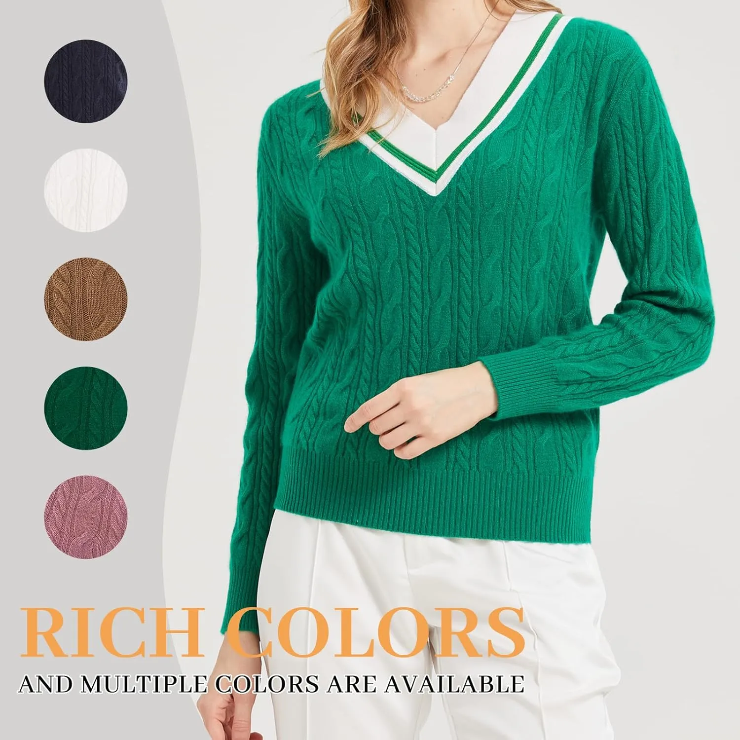 Women’s V-Neck Sweater 100% Pure Cashmere Long-Sleeved Pullover Sweaters M-XL