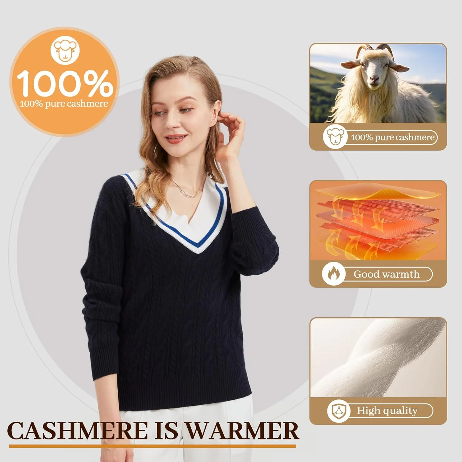 Women’s V-Neck Sweater 100% Pure Cashmere Long-Sleeved Pullover Sweaters M-XL
