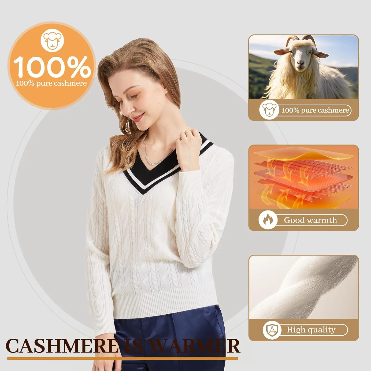 Women’s V-Neck Sweater 100% Pure Cashmere Long-Sleeved Pullover Sweaters M-XL