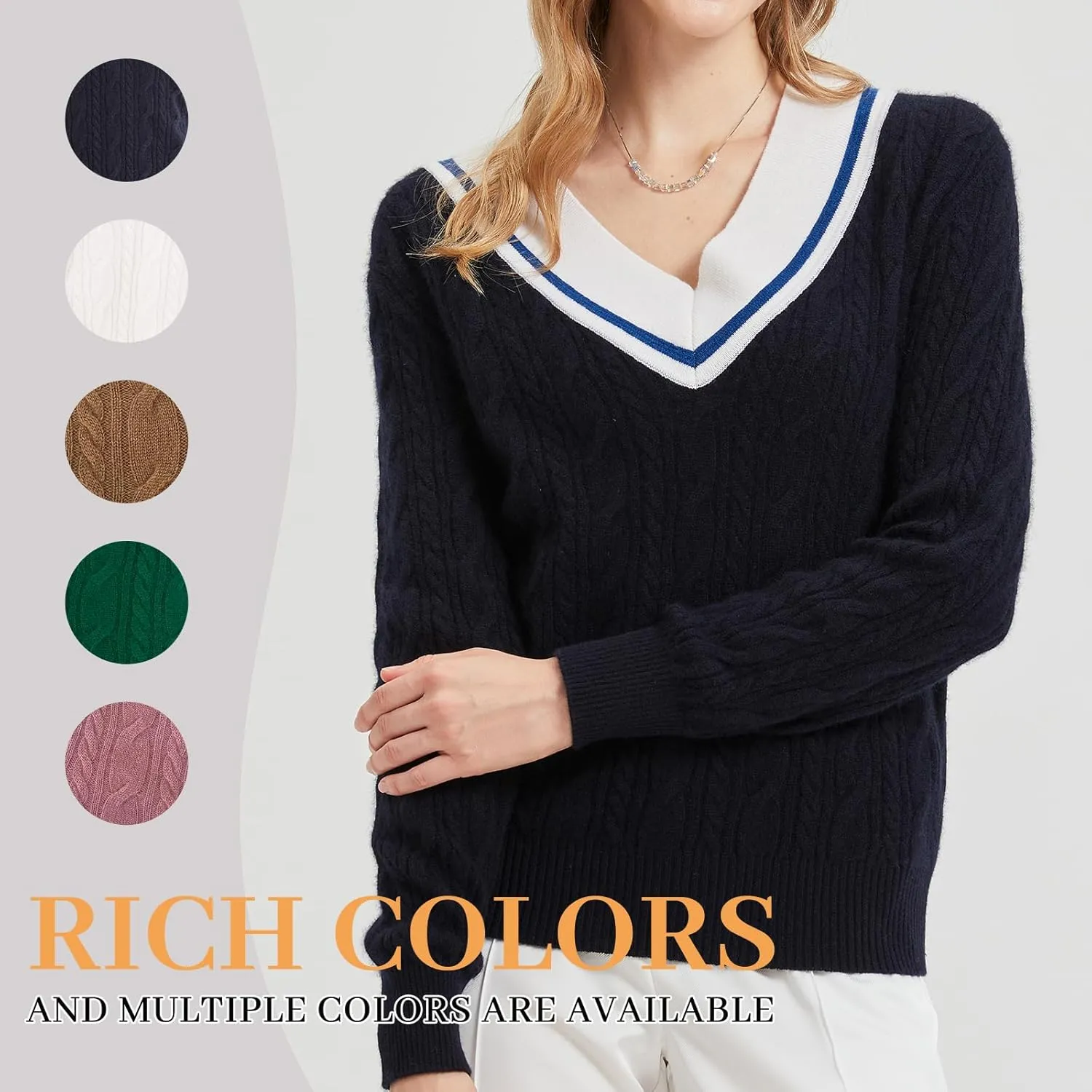 Women’s V-Neck Sweater 100% Pure Cashmere Long-Sleeved Pullover Sweaters M-XL