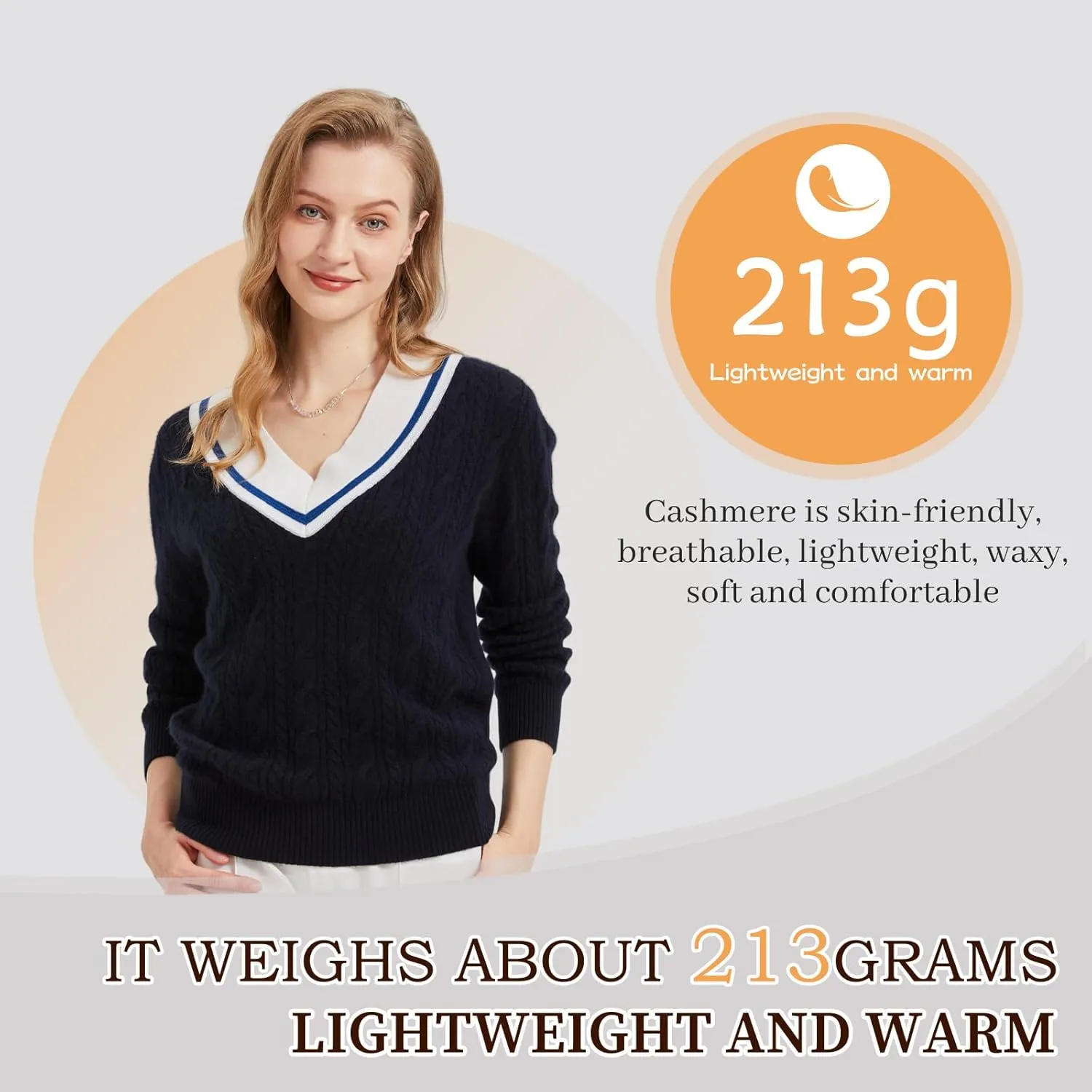 Women’s V-Neck Sweater 100% Pure Cashmere Long-Sleeved Pullover Sweaters M-XL